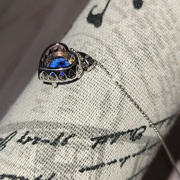 Blue Obsidian & Cubic Zirconia Platinum over 925 Silver Heart Pendant Necklace - Picture 4 of 13